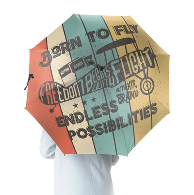 Colourful Born To Fly aviation design on windproof polyester umbrella.