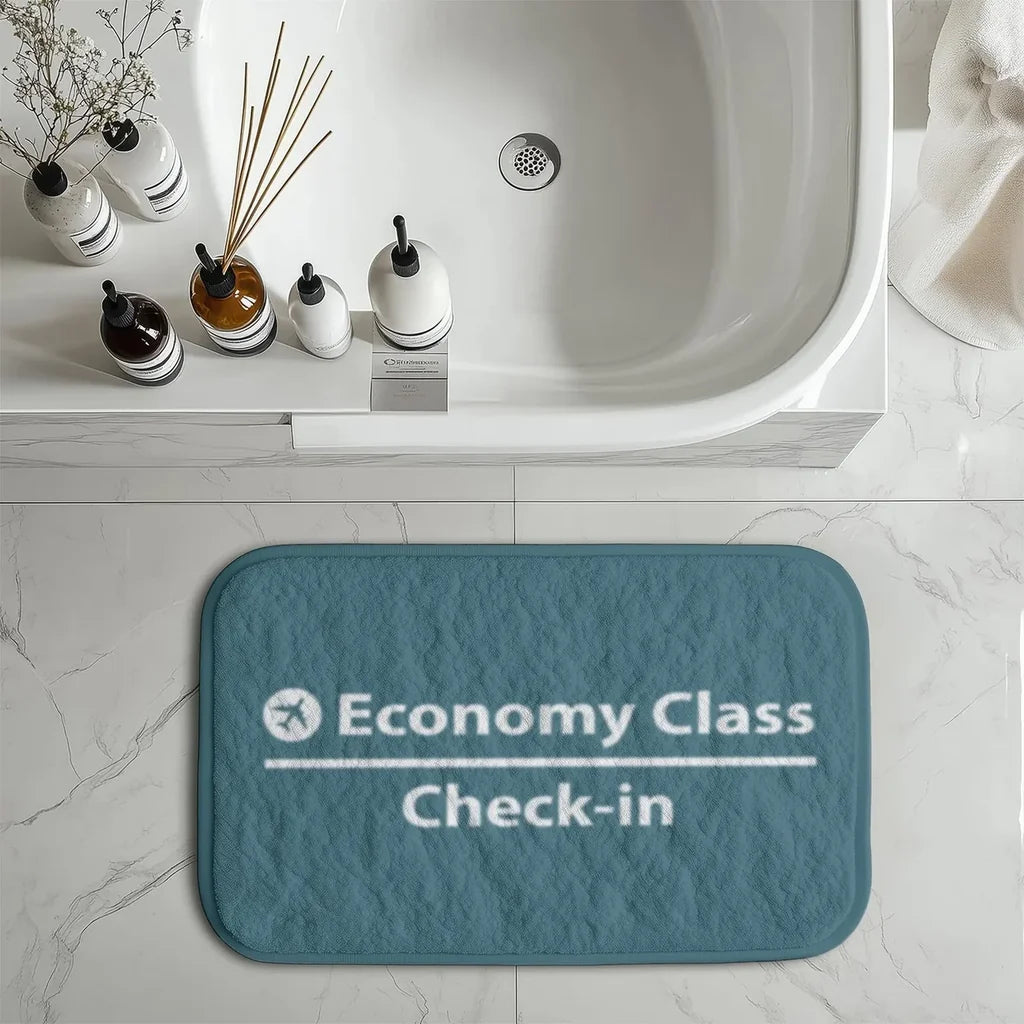 Economy Class - Check In aviation print bath mat, soft absorbent fabric with non-slip backing.