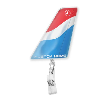 Luxair aviation design on durable plastic with metal clip tail-shape retractable ID card badge.
