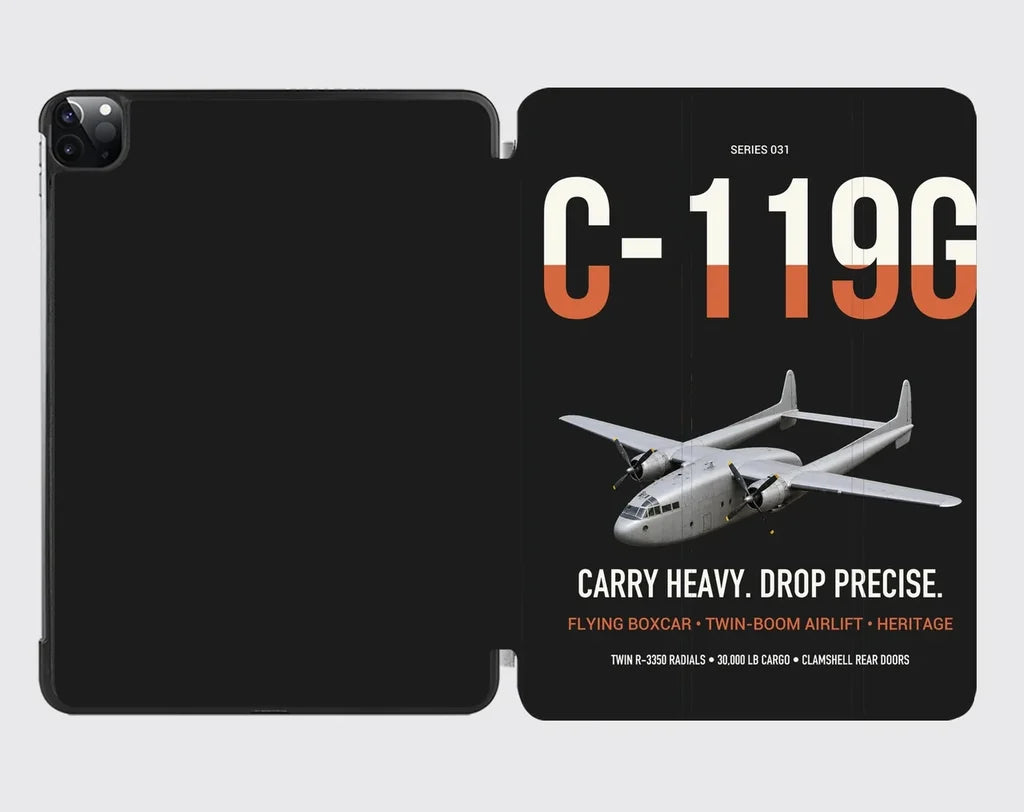 C-119G Flying Boxcar design on black ipad tablet case