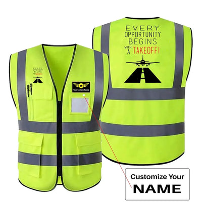 Every Opportunity aviation design printed on high-visibility reflective fabric reflective vest.