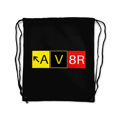 AV8R aviation print drawstring bag, lightweight polyester.