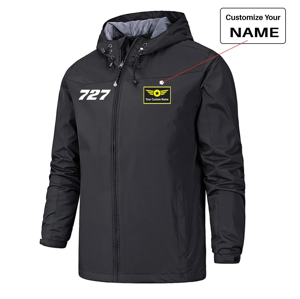 Boeing 727 Flat Text Rain Jackets & Windbreakers aviation design printed on waterproof shell with sealed seams small-logo rai.