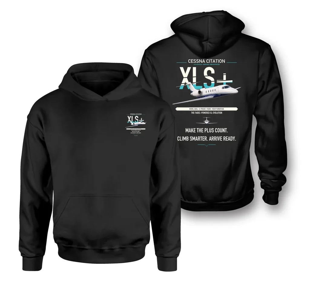 Cessna Citation XLSPlus design on black double-side hoodie, double-side print