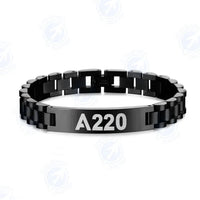 Thumbnail for Airbus A220 Flat Text aviation-themed chain bracelet, polished stainless steel.