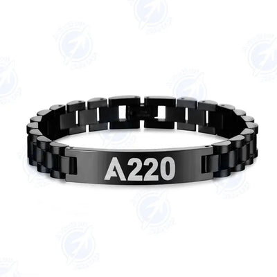 Airbus A220 Flat Text aviation-themed chain bracelet, polished stainless steel.