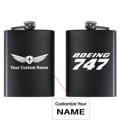 Boeing 747 & Text aviation design on stainless hip flask, compact pocket-size flask.