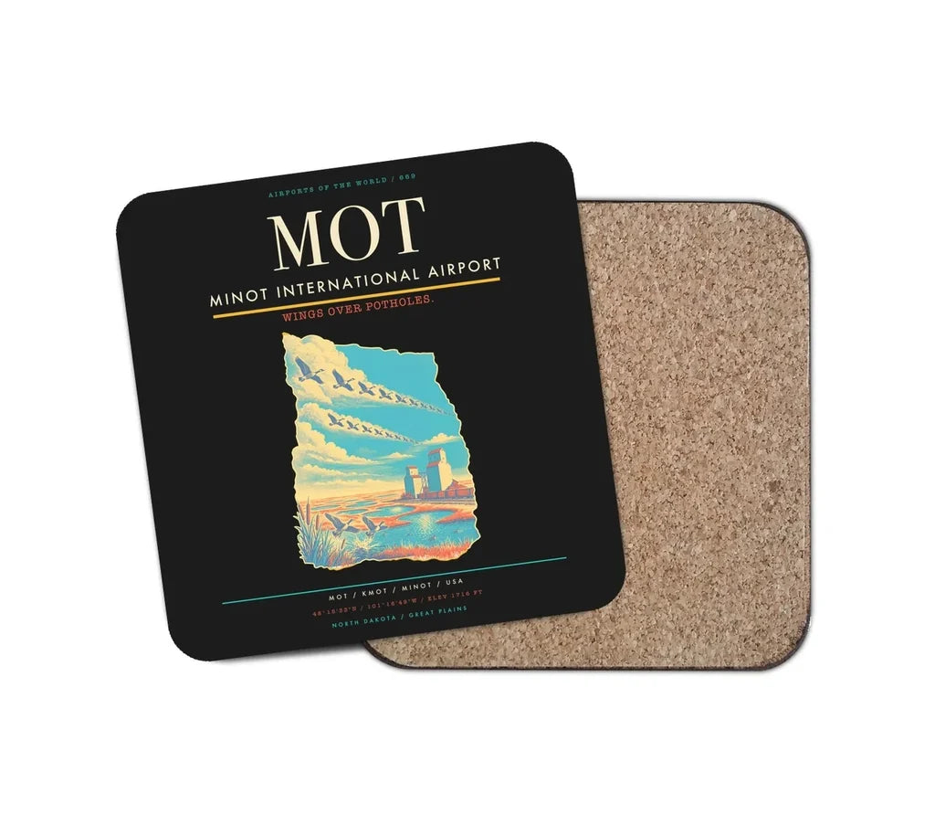 Minot International Airport (MOT) design on black 1 piece coaster