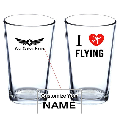 I Love Flying Beer & aviation design on beer water glass, versatile drinkware.