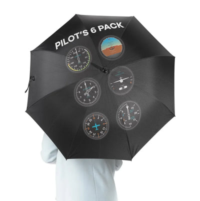 Pilot's 6 Pack aviation design on windproof polyester umbrella.