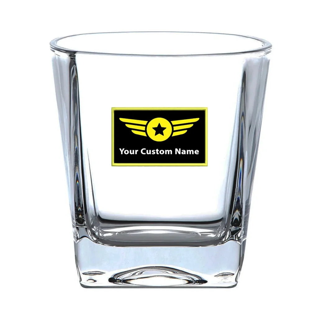 Custom Name "Special Badge" aviation design on whiskey glass, crystal-clear premium glassware.