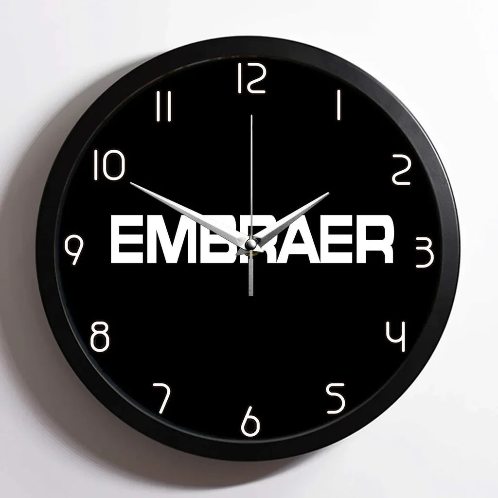 Embraer & Text aviation design on premium wood and metal wall clock.