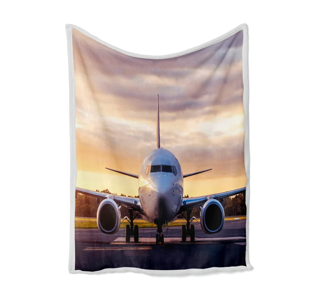 Face to Face with Boeing 737-800 During Sunset Bed Blankets & aviation print on soft fleece blanket.