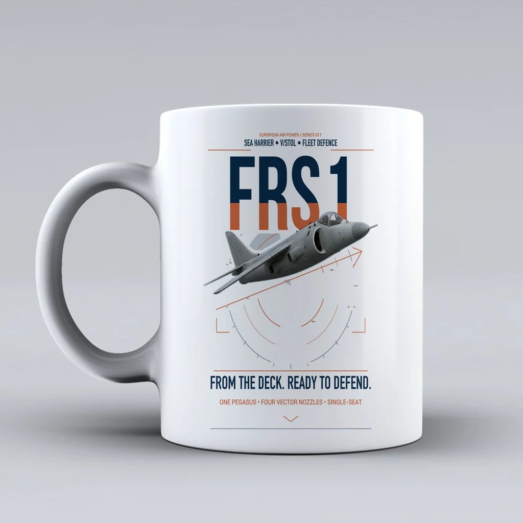British Aerospace Sea Harrier FRS.1 design on white ceramic mug, double-side print