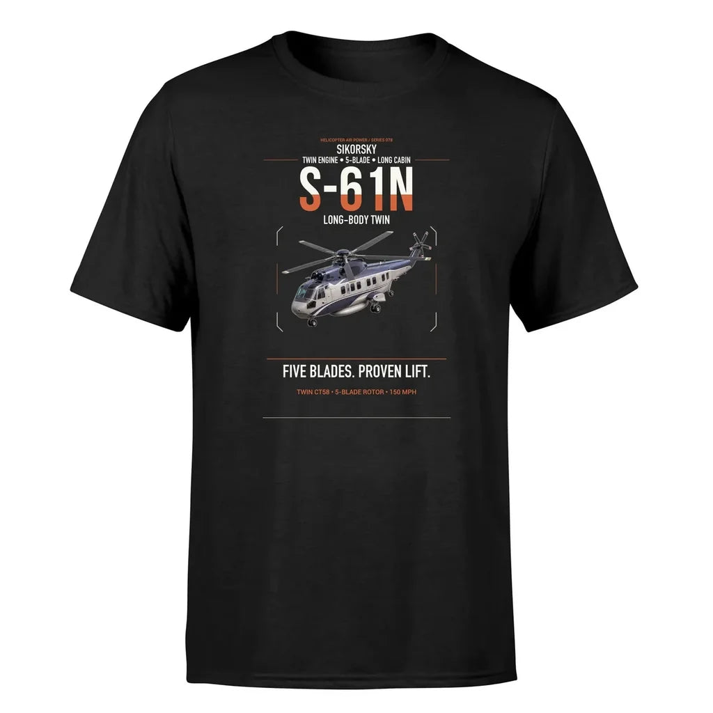 Sikorsky S-61N design on black t-shirt, single-side print