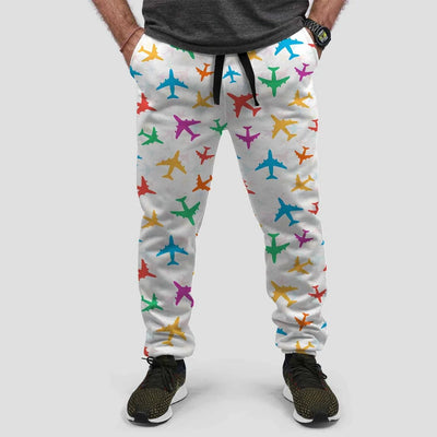 Cheerful Seamless Airplanes aviation design on soft cotton blend 3D-printed sweatpants.