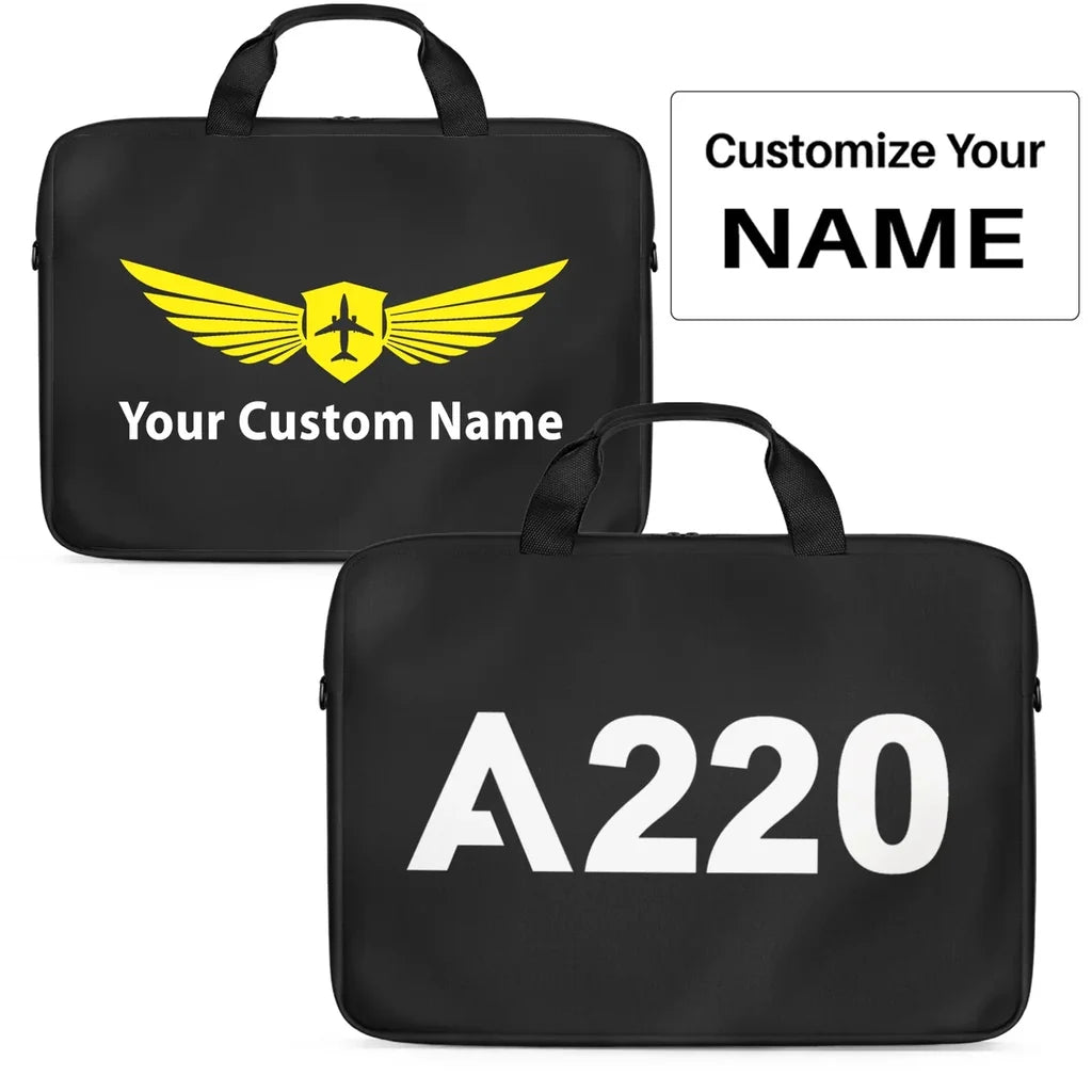 Airbus A220 Flat Text Laptop & Tablet aviation design laptop & tablet bag, padded polyester construction.