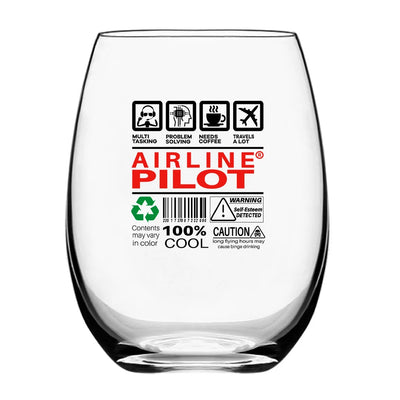Airline Pilot Label Water & Drink aviation design on water glass, crystal-clear premium glassware.