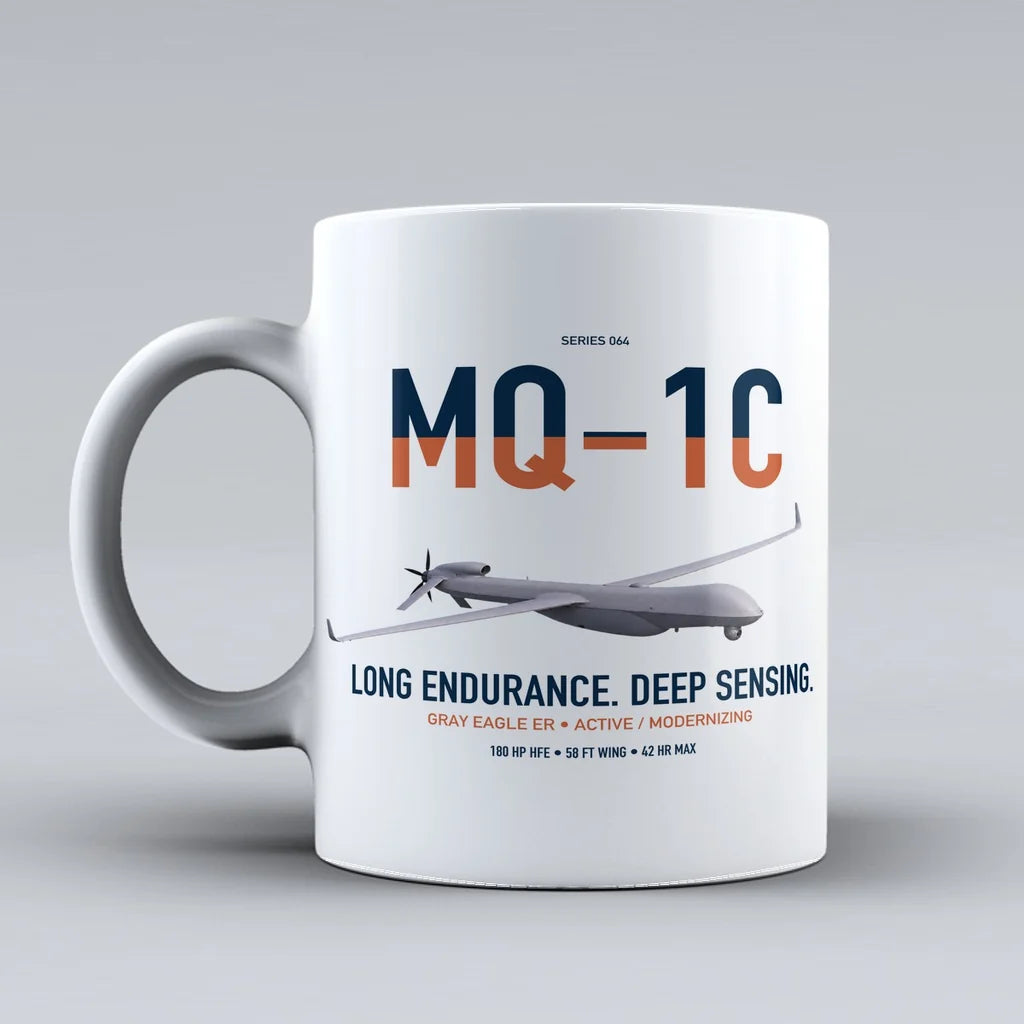 MQ-1C Gray Eagle ER design on white ceramic mug, double-side print