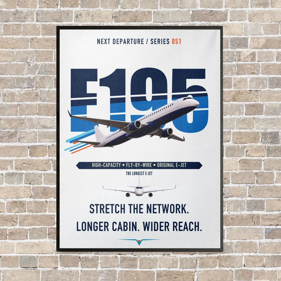 Embraer E195 vertical canvas print - framed - white background