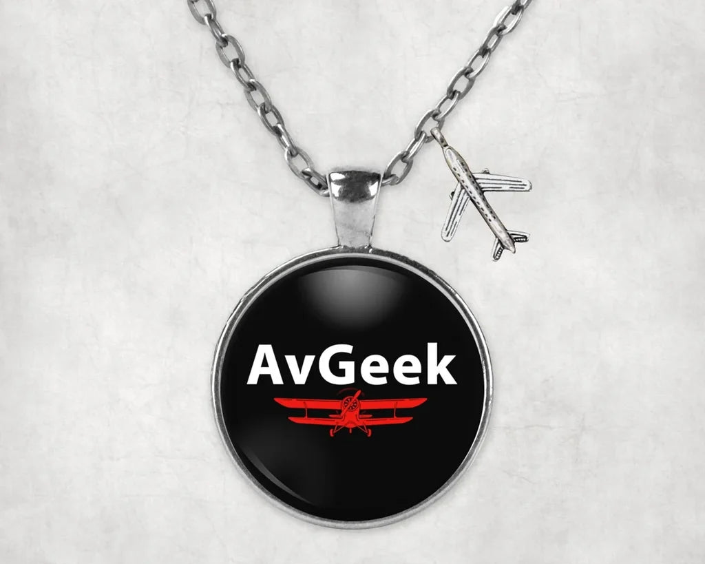 Side view of Avgeek aviation necklace in stainless steel, polished finish.