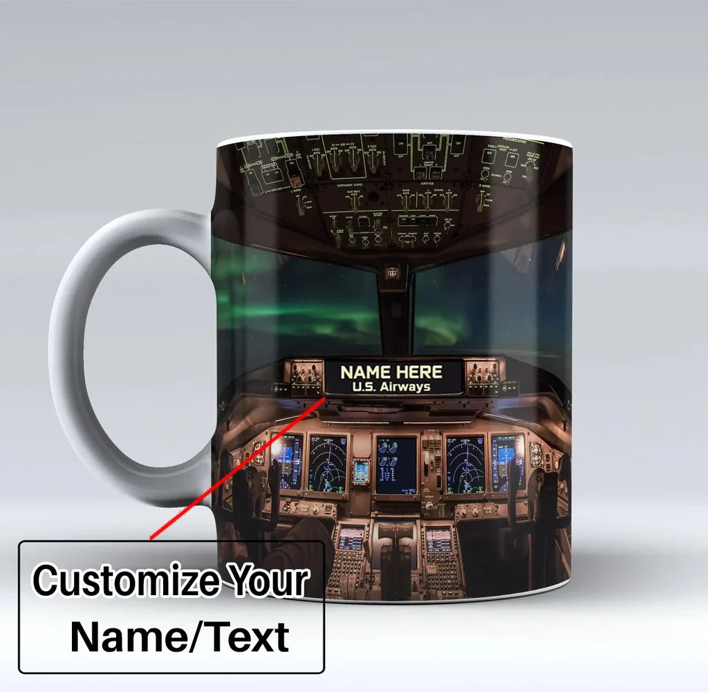 Boeing 777 Cockpit Text aviation design on ceramic mug, premium ceramic with glazed finish.