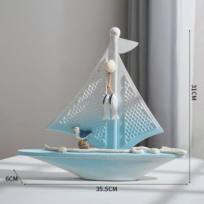 Side view of Light Blue Seabird Sailboat Nautical Wooden Sailboat Model Ornament aviation model ship in diecast metal or wood.