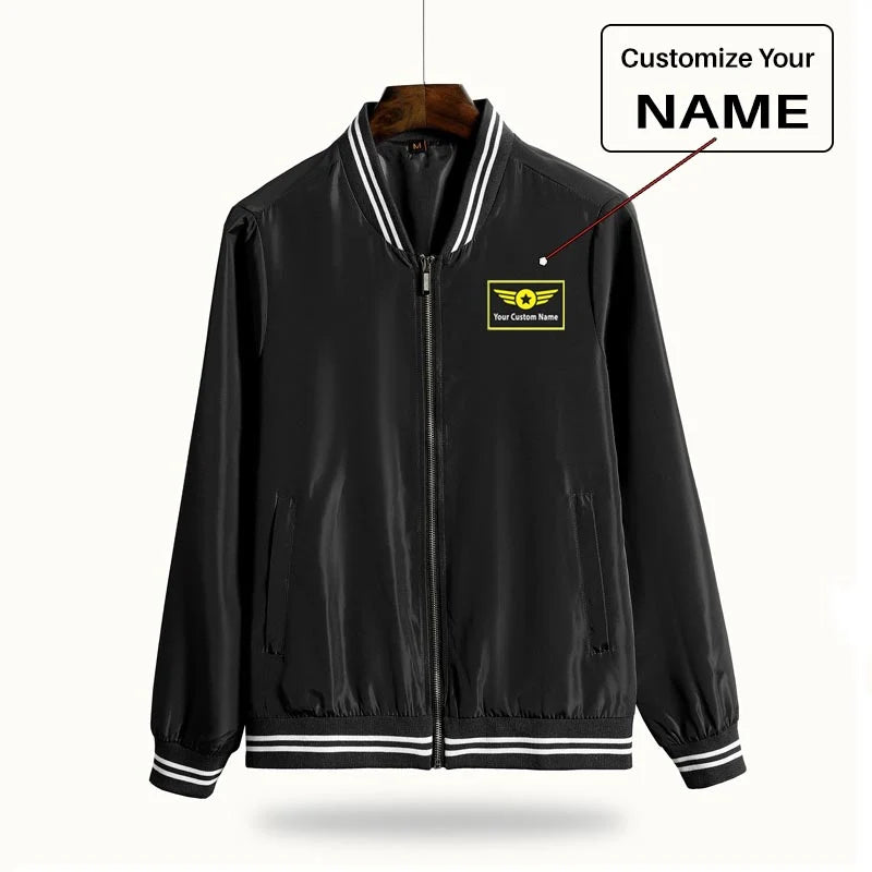 Custom Name "Special Badge" aviation design printed on lightweight shell with windproof finish thin spring jacket.