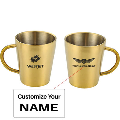 WestJet Airlines aviation design on stainless coffee mug, durable stainless steel construction.