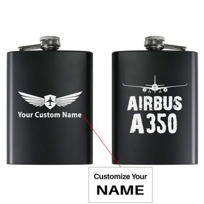 Airbus A350 & Plane aviation design on stainless hip flask, compact pocket-size flask.