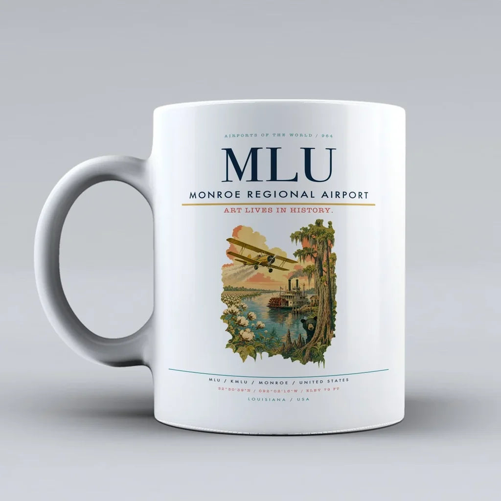 Monroe Regional Airport (MLU) airport code design on white ceramic mug