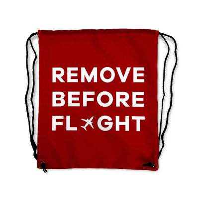 Remove Before Flight aviation print drawstring bag, lightweight polyester.