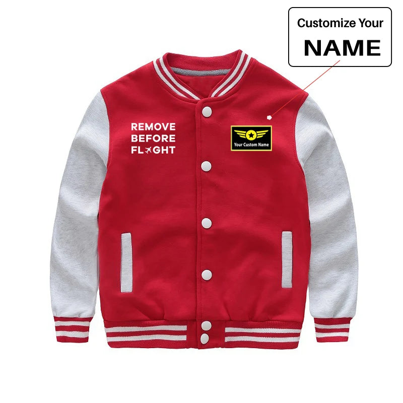 Remove Before Flight "CHILDREN" aviation design printed on two-tone shell with ribbed cuffs kids' baseball jacket.