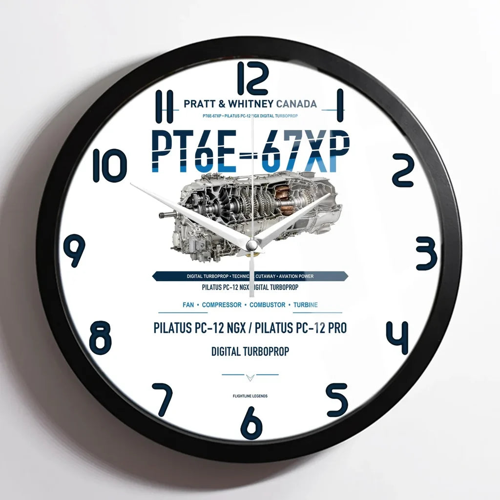 PT6E-67XP design on white framed wall clock