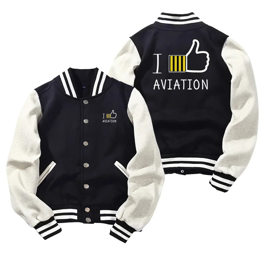I Like Aviation Baseball Style aviation design printed on two-tone shell with ribbed cuffs baseball jacket.