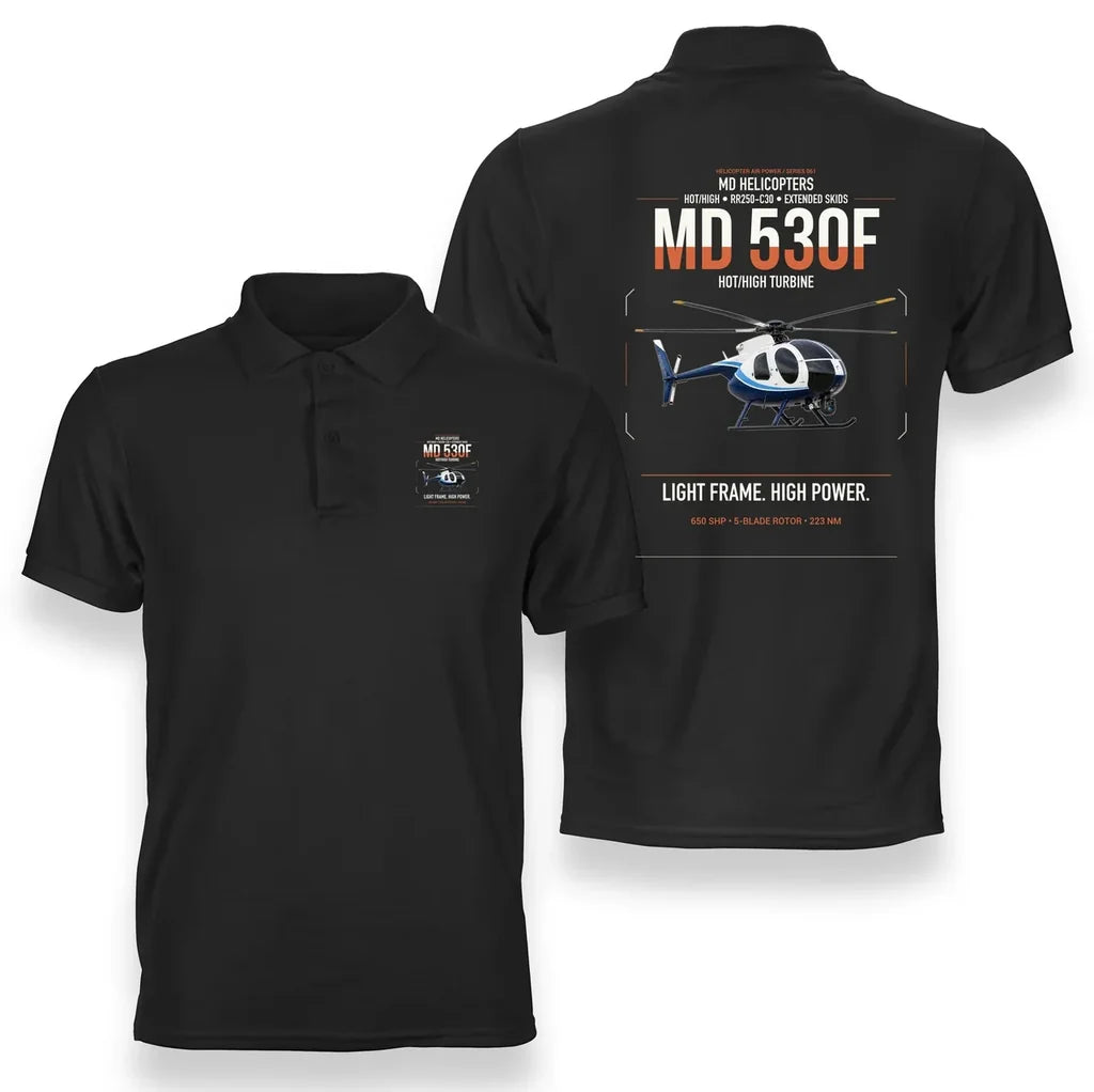 MD Helicopters MD 530F design on black double-side polo t-shirt, double-side print