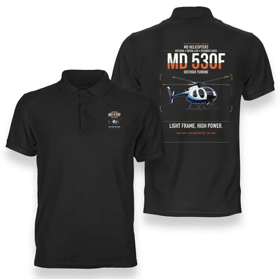 MD Helicopters MD 530F design on black double-side polo t-shirt, double-side print