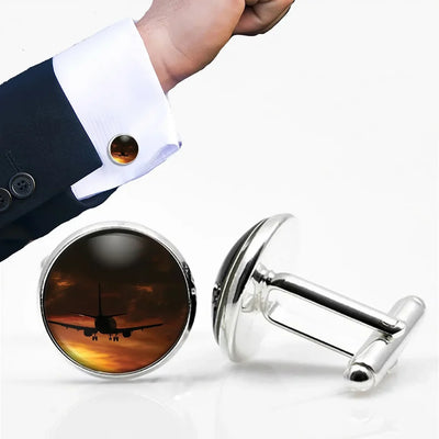 Beautiful Aircraft Landing at Sunset aviation cuff links, polished metal body with engraved detail.
