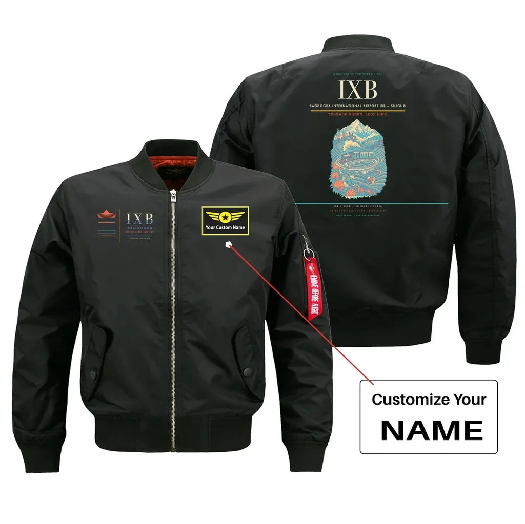 Bagdogra International Airport (IXB) design on black bomber jacket with custom name patch