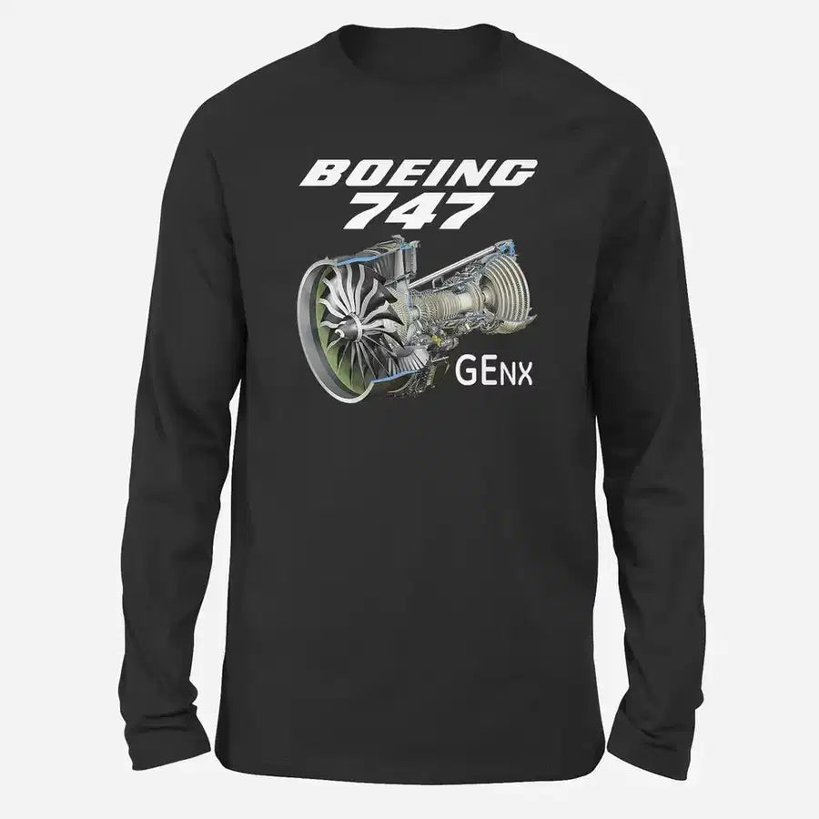 Boeing 747 & GENX Engine Long-Sleeve aviation design printed on soft cotton long-sleeve T-shirt.
