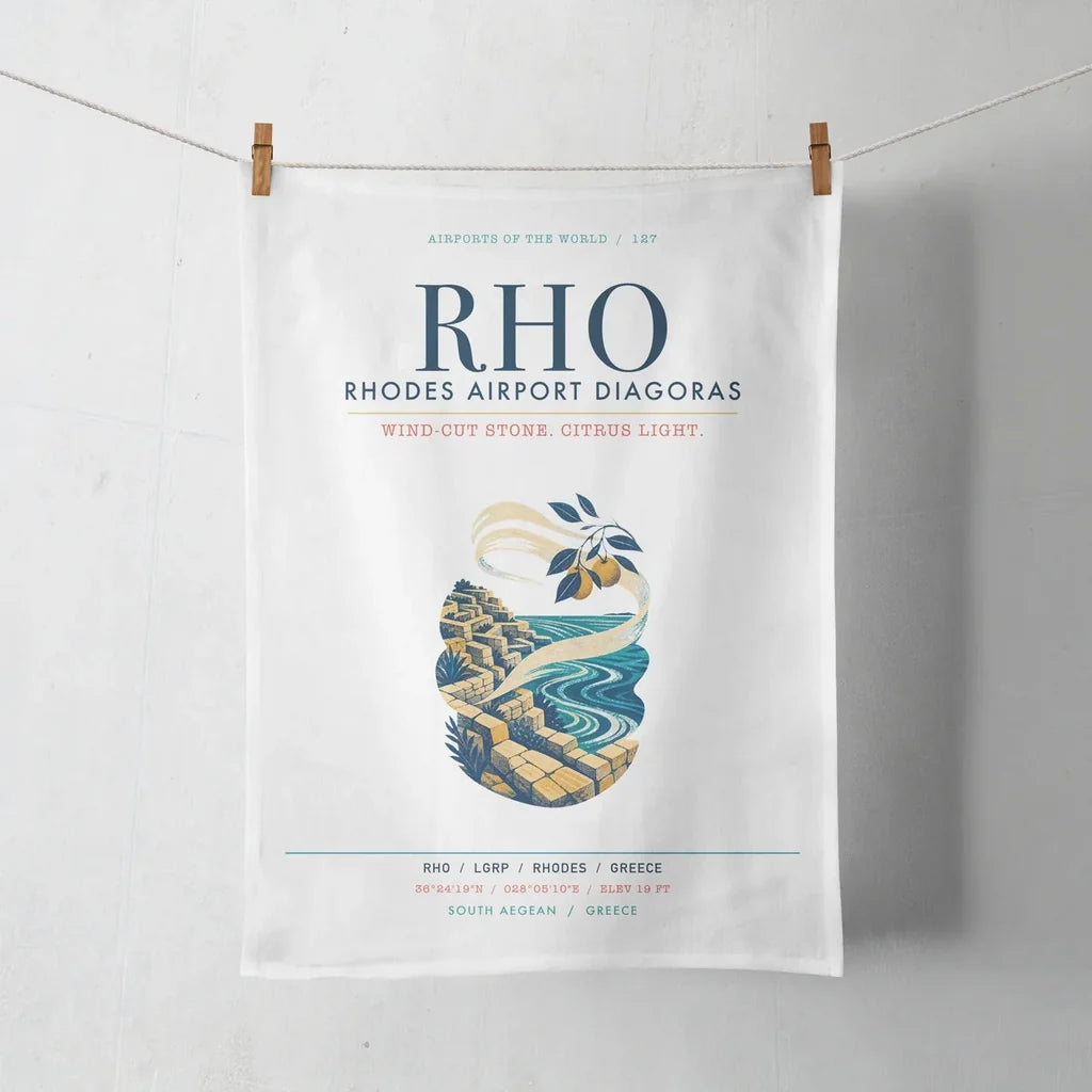 Rhodes Airport Diagoras (RHO) design on white towel