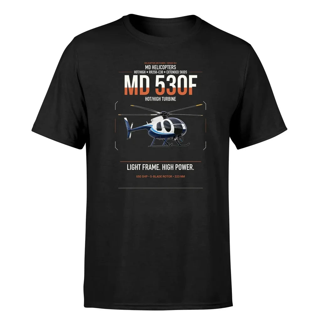 MD Helicopters MD 530F design on black t-shirt, single-side print