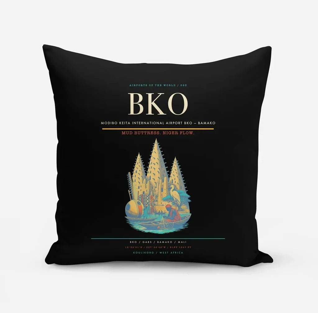 Modibo Keita International Airport (BKO) design on black pillow