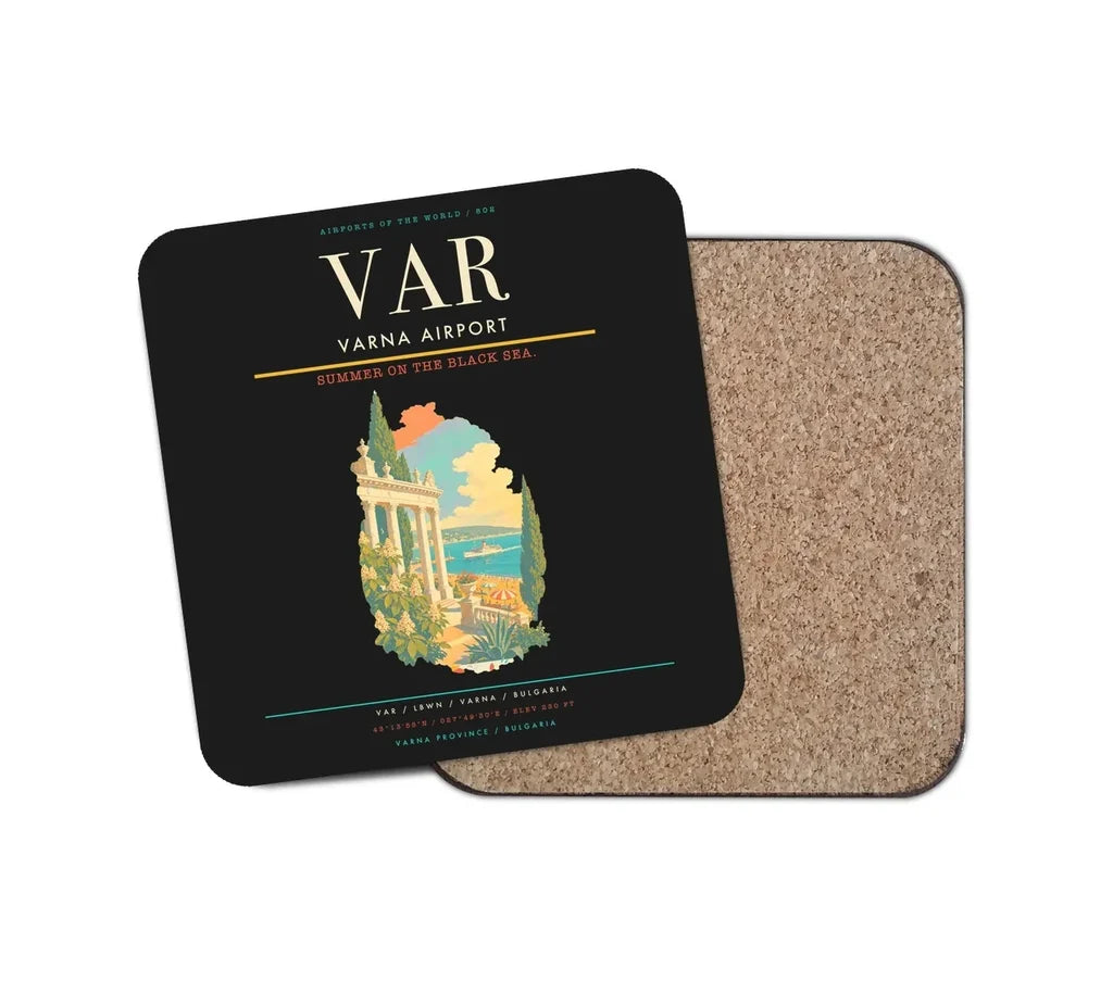 Varna Airport (VAR) design on black 1 piece coaster