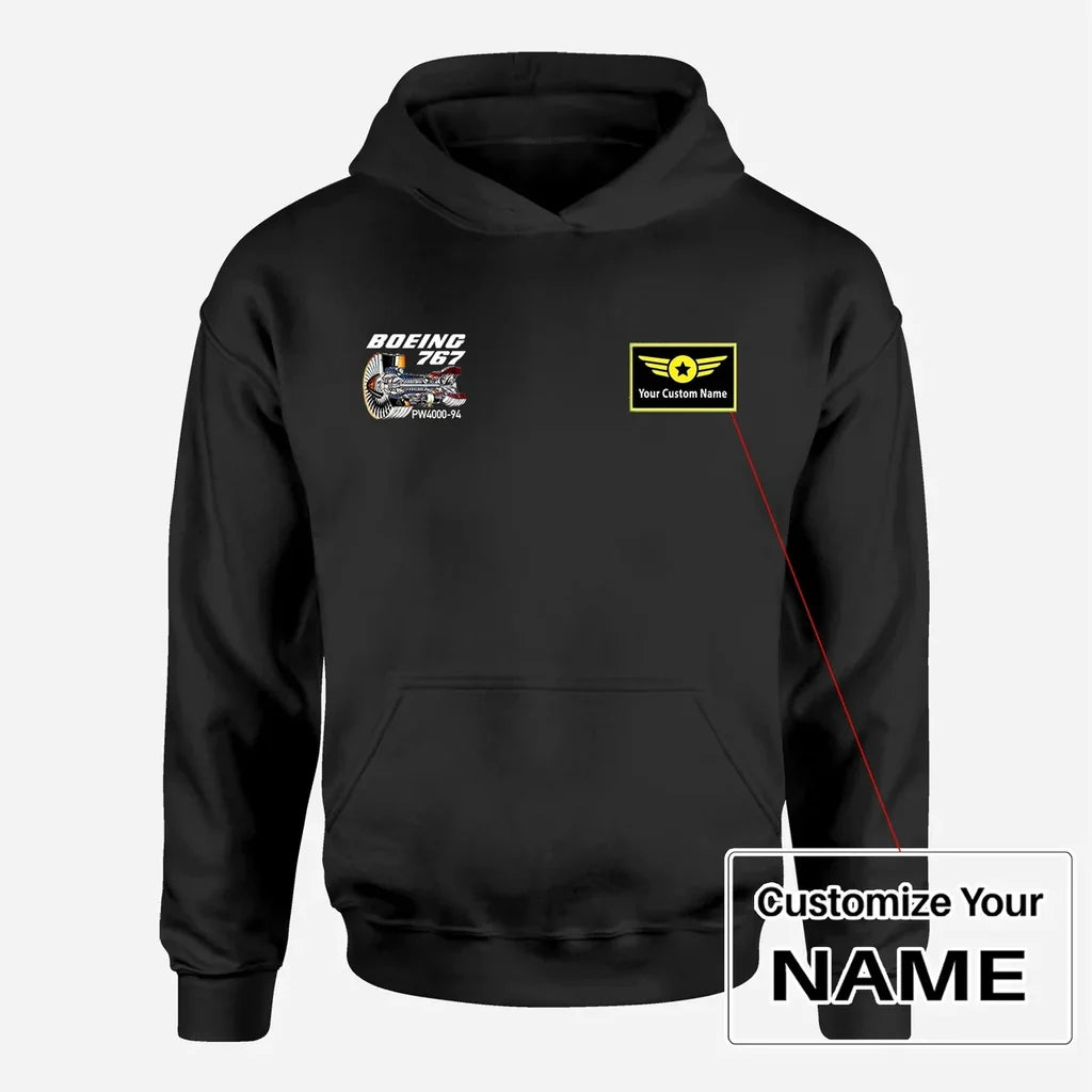 Boeing 767 Engine (PW4000-94) aviation design on soft cotton blend men's hoodie with small chest logo.