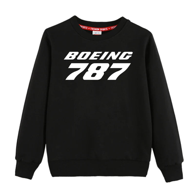 Boeing 787 & Text "CHILDREN" aviation design printed on soft cotton blend kids' sweatshirt.