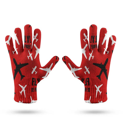 Fly Be Free Red aviation design on soft knit fabric gloves.