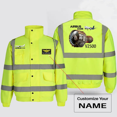 Airbus A320 & V2500 Engine aviation design printed on insulated shell with high-visibility reflective panels reflective winte.