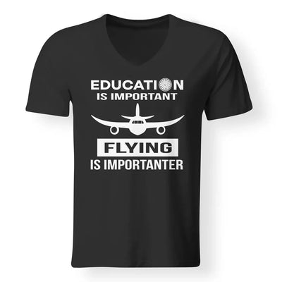 Flying is Importanter aviation design printed on soft cotton V-neck T-shirt.