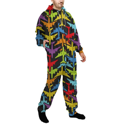 Super Colourful Airplanes Jumpsuit for Men & Women aviation design on soft cotton blend jumpsuit.